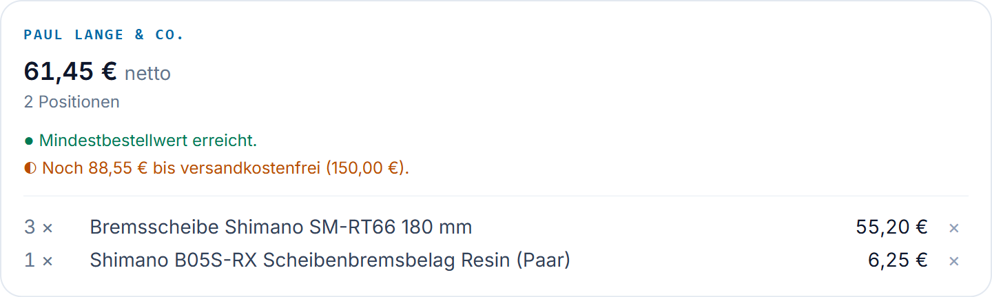 Der Einkaufszettel in KuKo — nach Lieferant sortiert, mit Netto-Summe und Mindestbestellwert