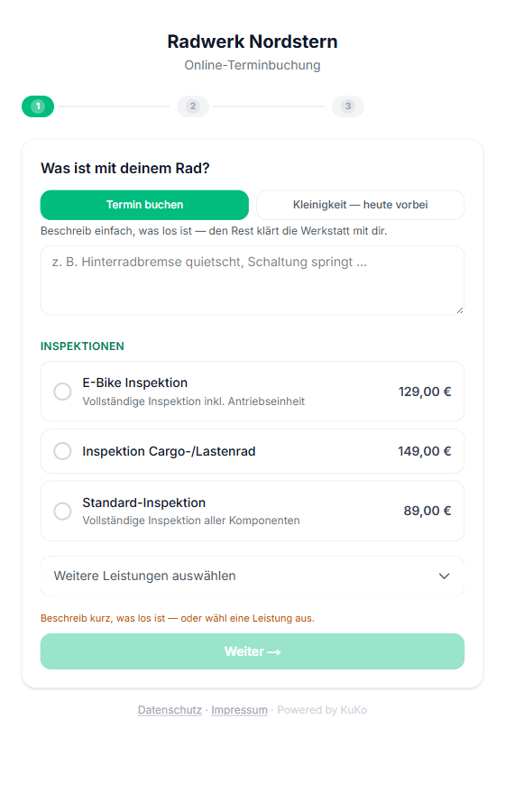 Schritt 1 des Buchungs-Widgets: die Frage nach dem Rad, ein Textfeld für das Anliegen, darunter drei Inspektionen mit Preis